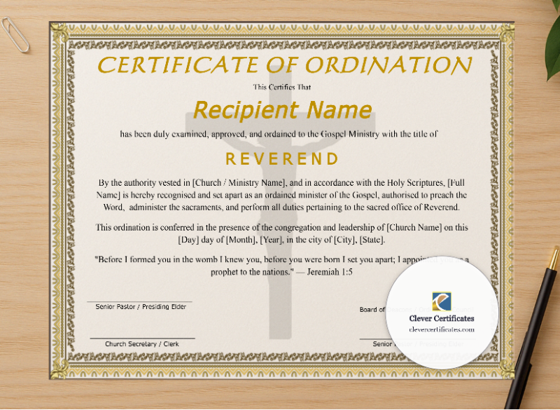 Professional preview of Editable Certificate Of Ordination For Reverend certificate on high-quality stationery paper, ideal for showcasing the final look.