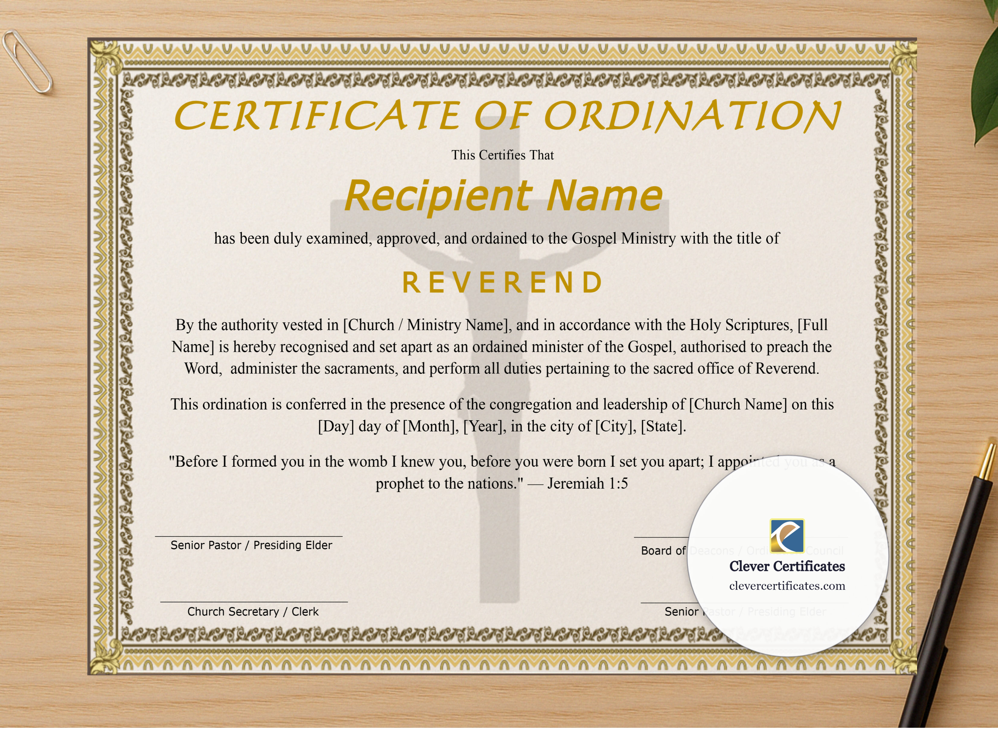 Professional preview of Editable Certificate Of Ordination For Reverend certificate on high-quality stationery paper, ideal for showcasing the final look.