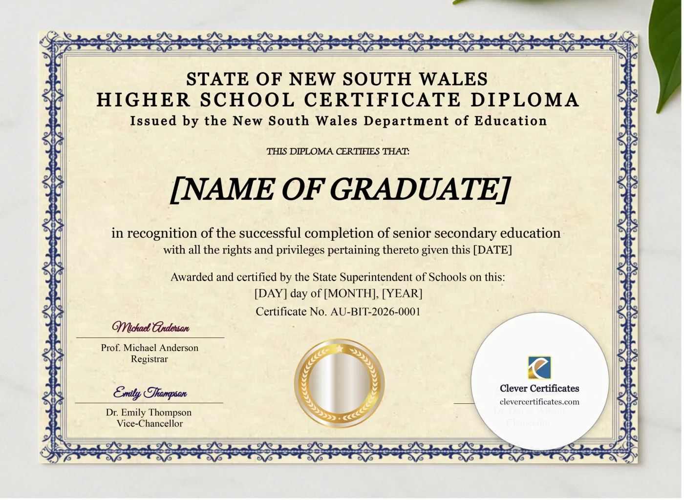 New South Wales Higher School Certificate presented in a sleek wooden frame, elegantly arranged on a stylish table.