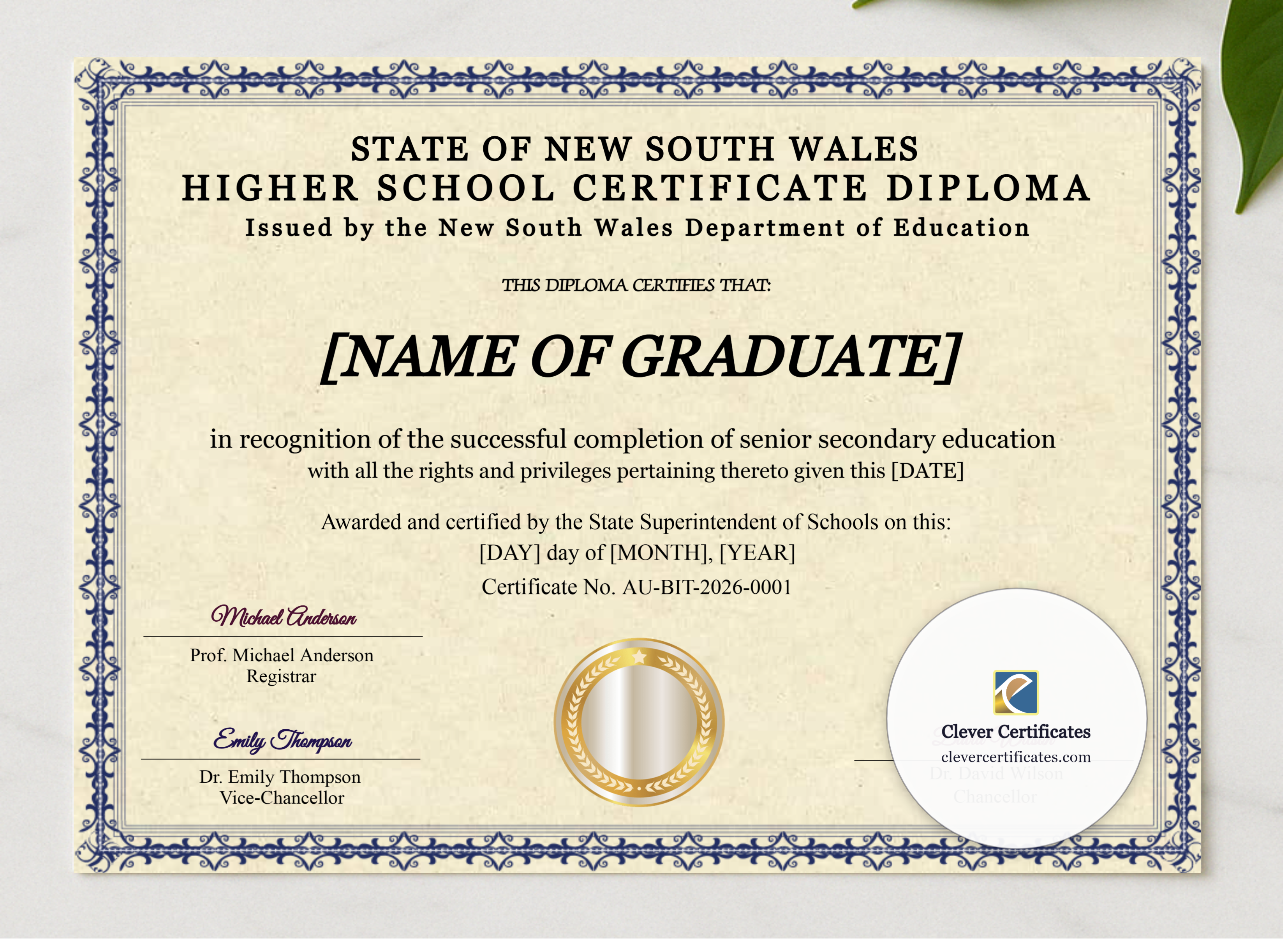 New South Wales Higher School Certificate presented in a sleek wooden frame, elegantly arranged on a stylish table.