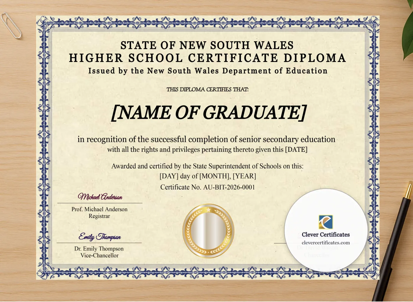 Professional preview of New South Wales Higher School Certificate certificate on high-quality stationery paper, ideal for showcasing the final look.