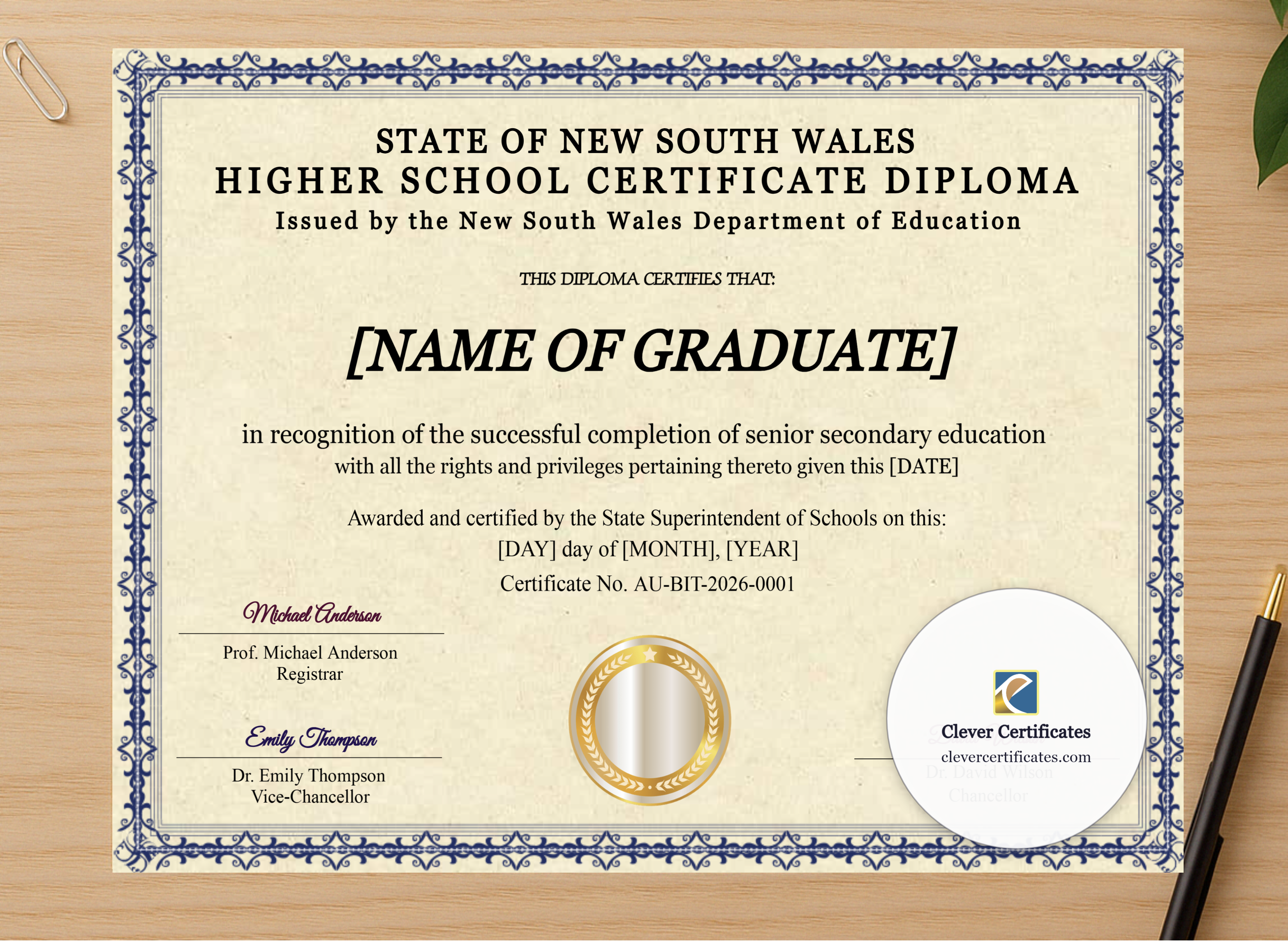 Professional preview of New South Wales Higher School Certificate certificate on high-quality stationery paper, ideal for showcasing the final look.