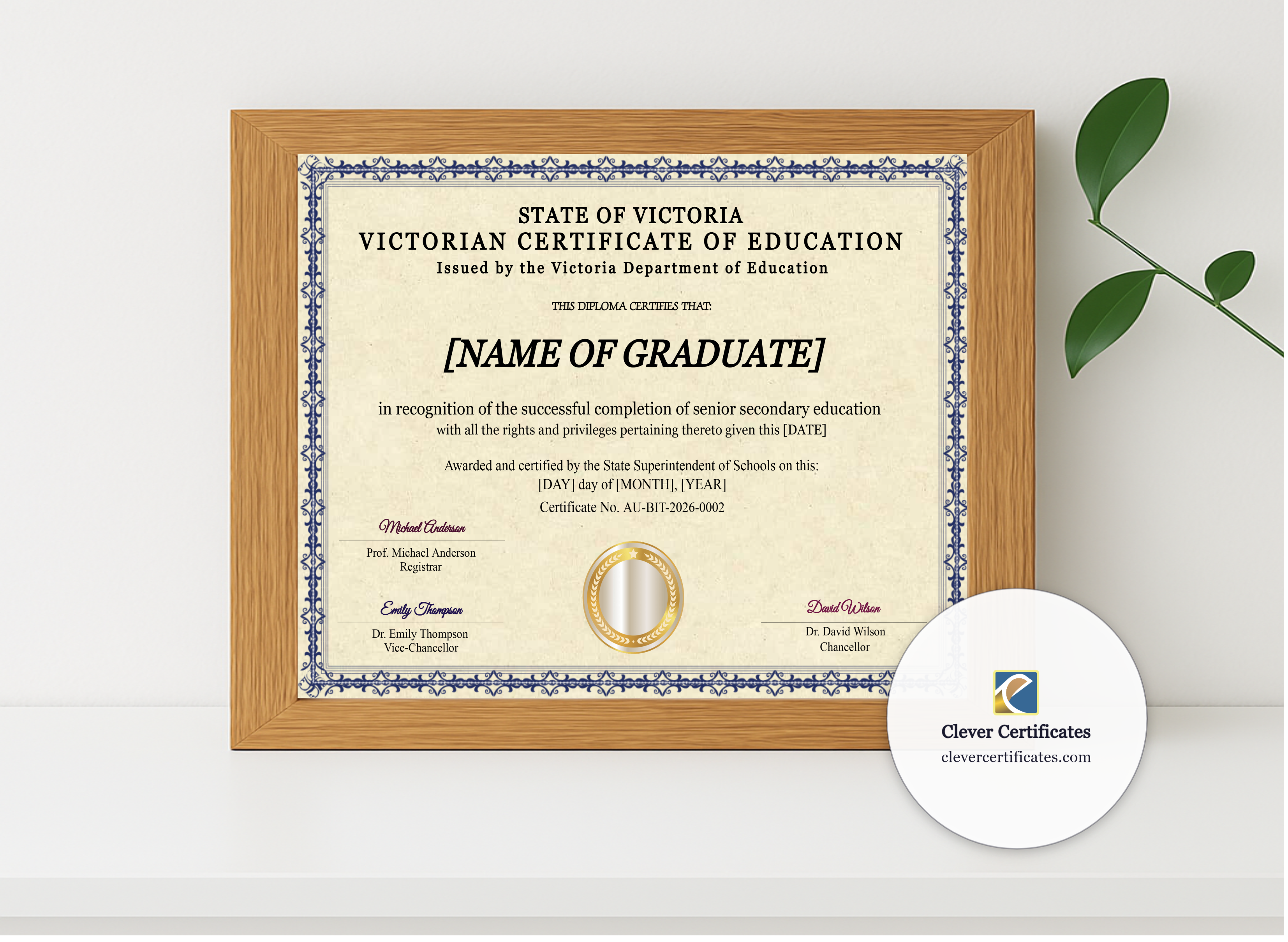 Realistic mockup featuring Victoria Certificate Of Education displayed within a modern frame, set against a minimalistic background.