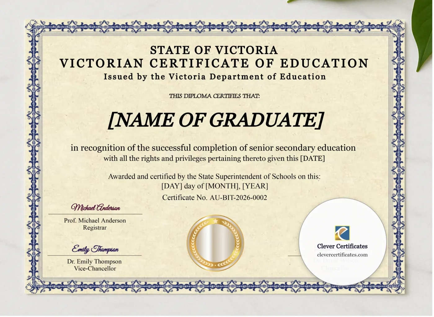 Victoria Certificate Of Education presented in a sleek wooden frame, elegantly arranged on a stylish table.