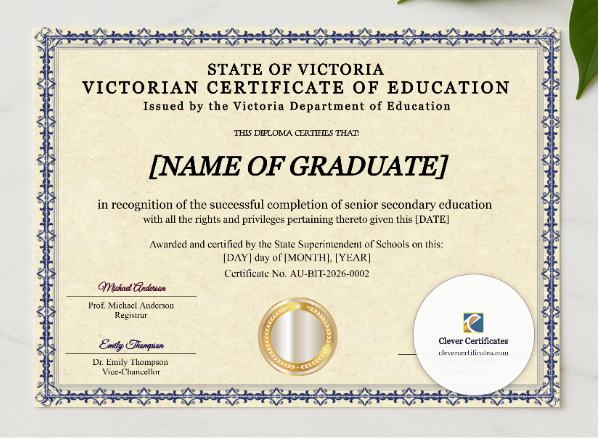 Victoria Certificate Of Education presented in a sleek wooden frame, elegantly arranged on a stylish table.