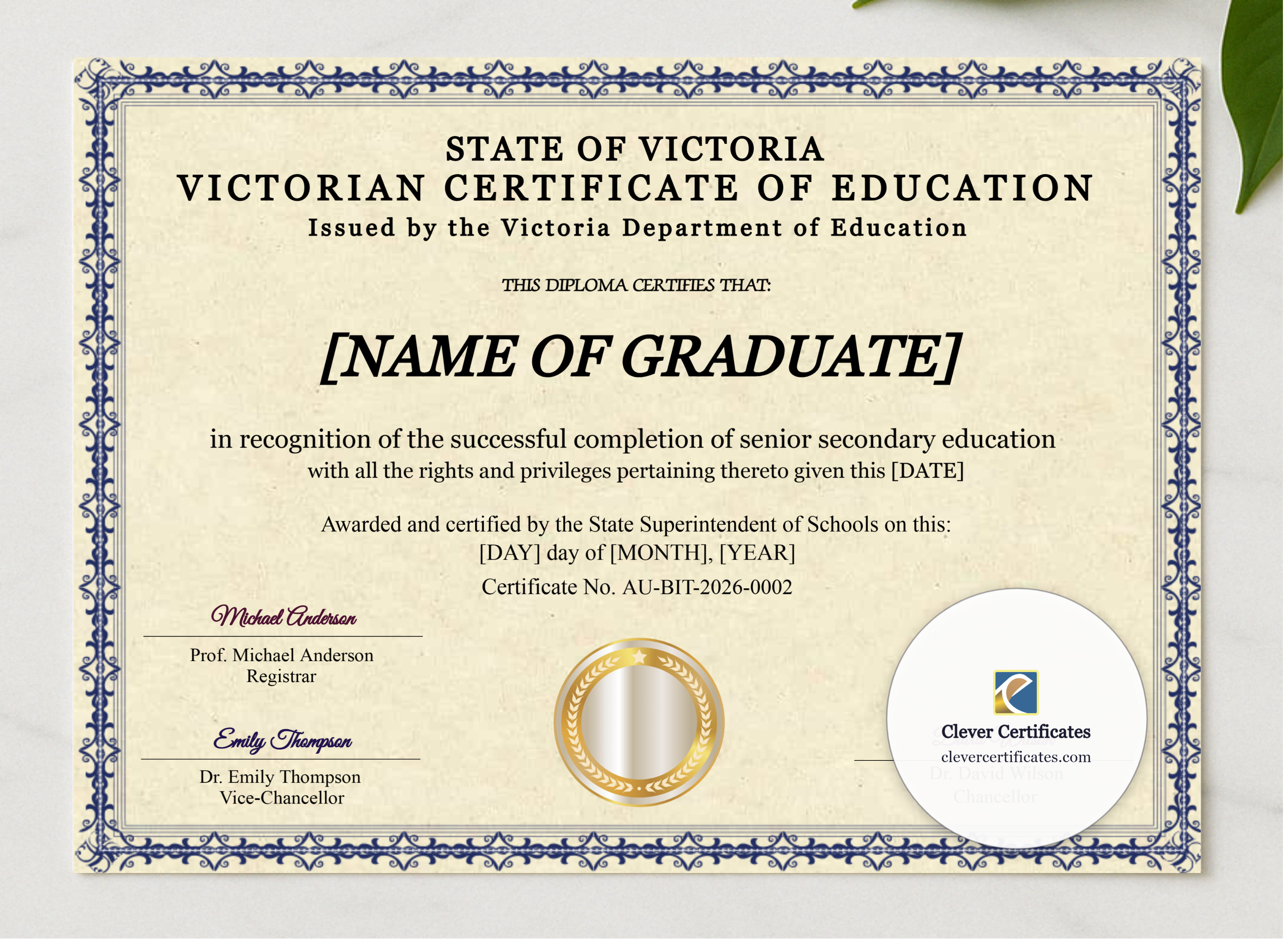 Victoria Certificate Of Education presented in a sleek wooden frame, elegantly arranged on a stylish table.