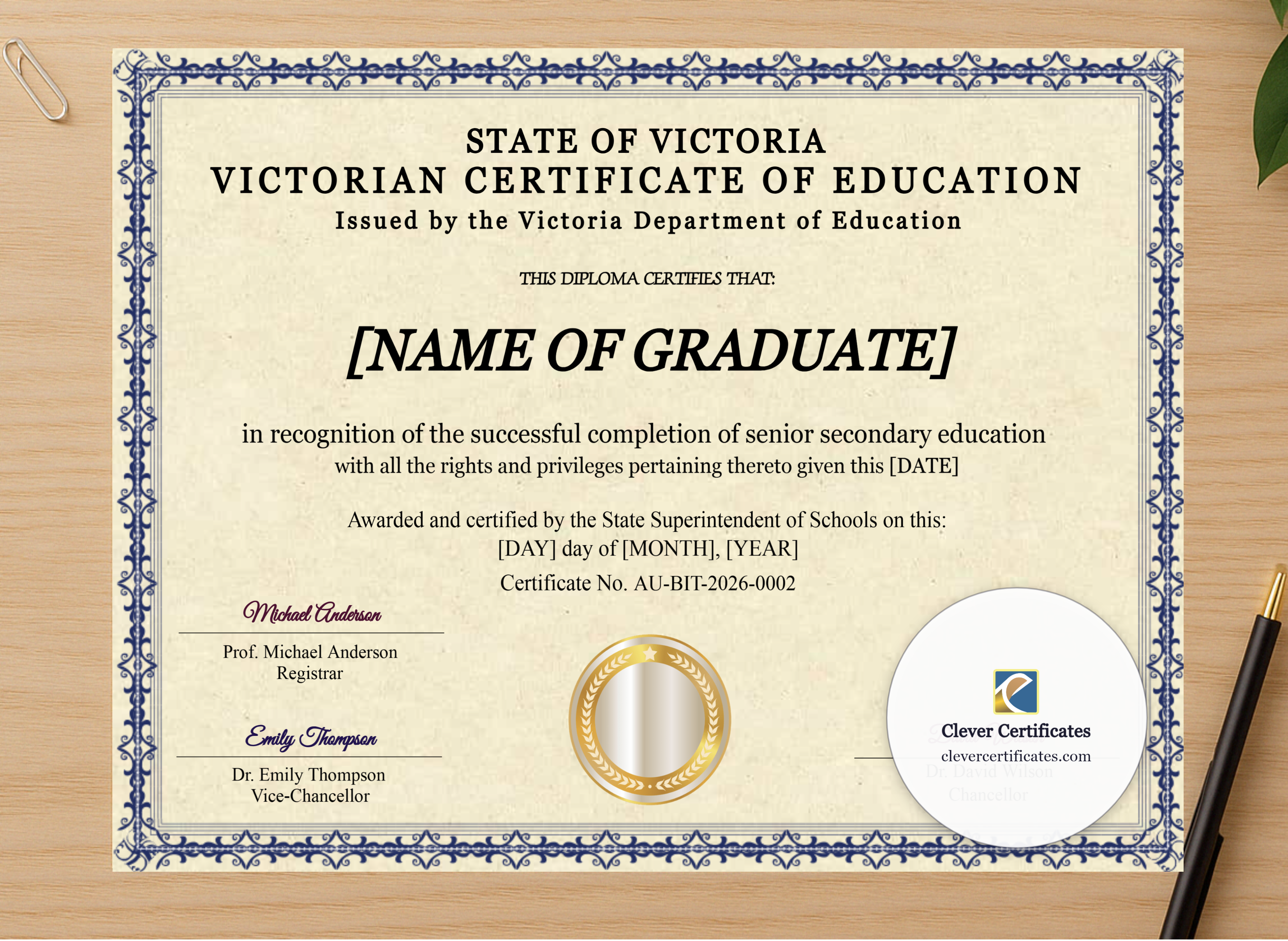 Professional preview of Victoria Certificate Of Education certificate on high-quality stationery paper, ideal for showcasing the final look.