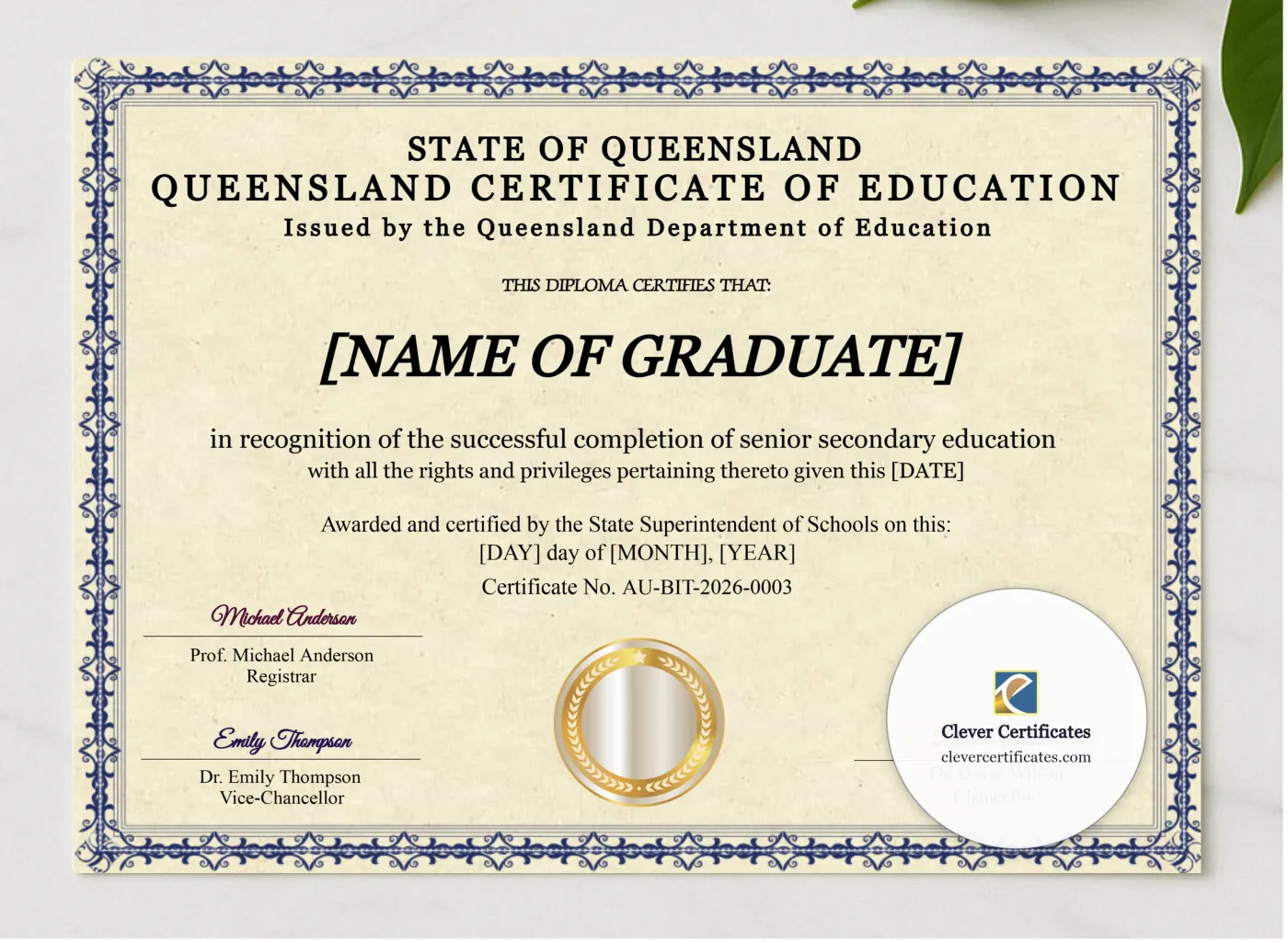 Queensland Certificate Of Education presented in a sleek wooden frame, elegantly arranged on a stylish table.