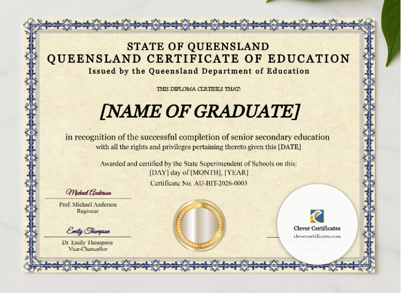 Queensland Certificate Of Education presented in a sleek wooden frame, elegantly arranged on a stylish table.