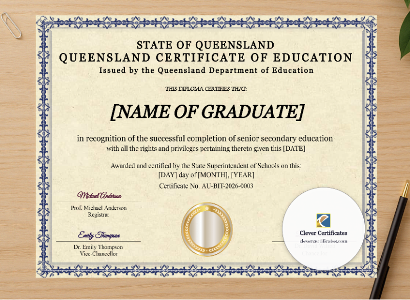 Professional preview of Queensland Certificate Of Education certificate on high-quality stationery paper, ideal for showcasing the final look.