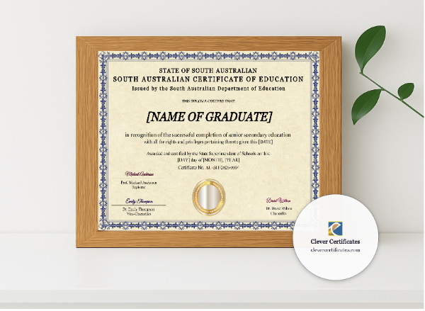 Realistic mockup featuring South Australia Certificate Of Education displayed within a modern frame, set against a minimalistic background.