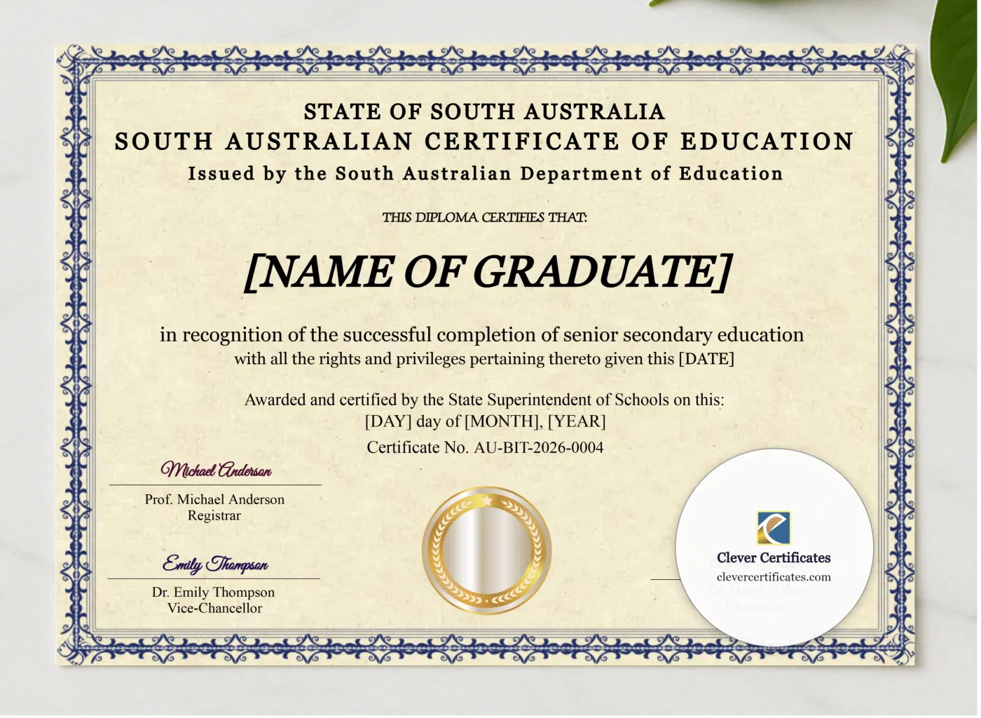 South Australia Certificate Of Education presented in a sleek wooden frame, elegantly arranged on a stylish table.