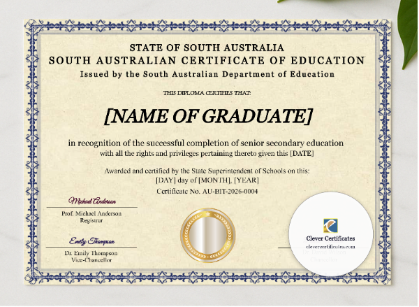 South Australia Certificate Of Education presented in a sleek wooden frame, elegantly arranged on a stylish table.