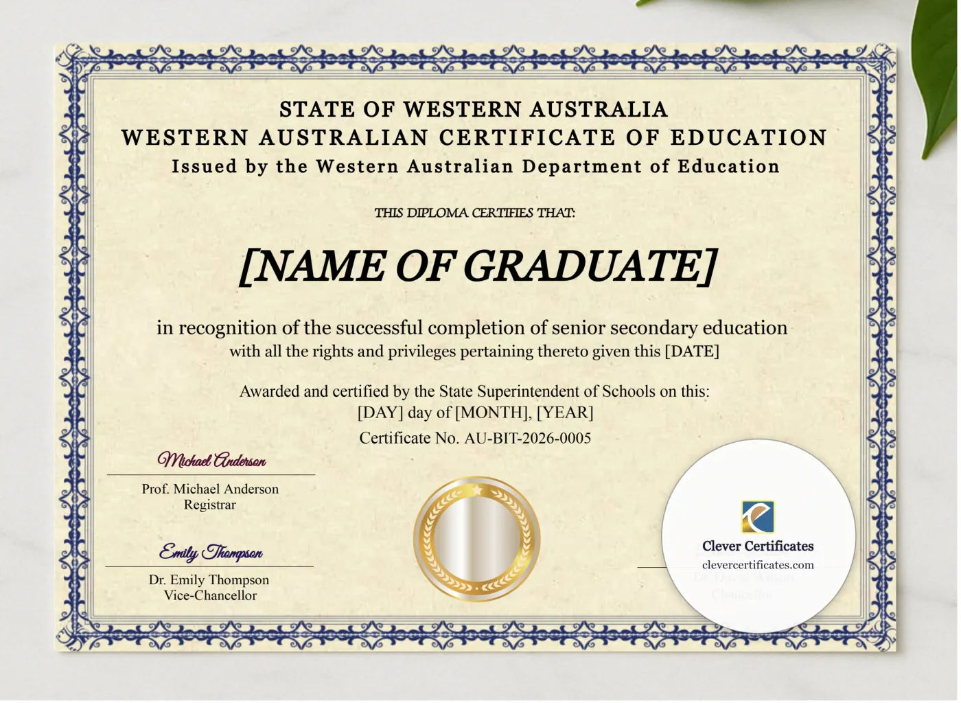 Western Australia Certificate Of Education presented in a sleek wooden frame, elegantly arranged on a stylish table.