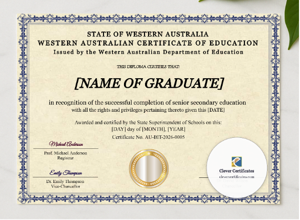Western Australia Certificate Of Education presented in a sleek wooden frame, elegantly arranged on a stylish table.