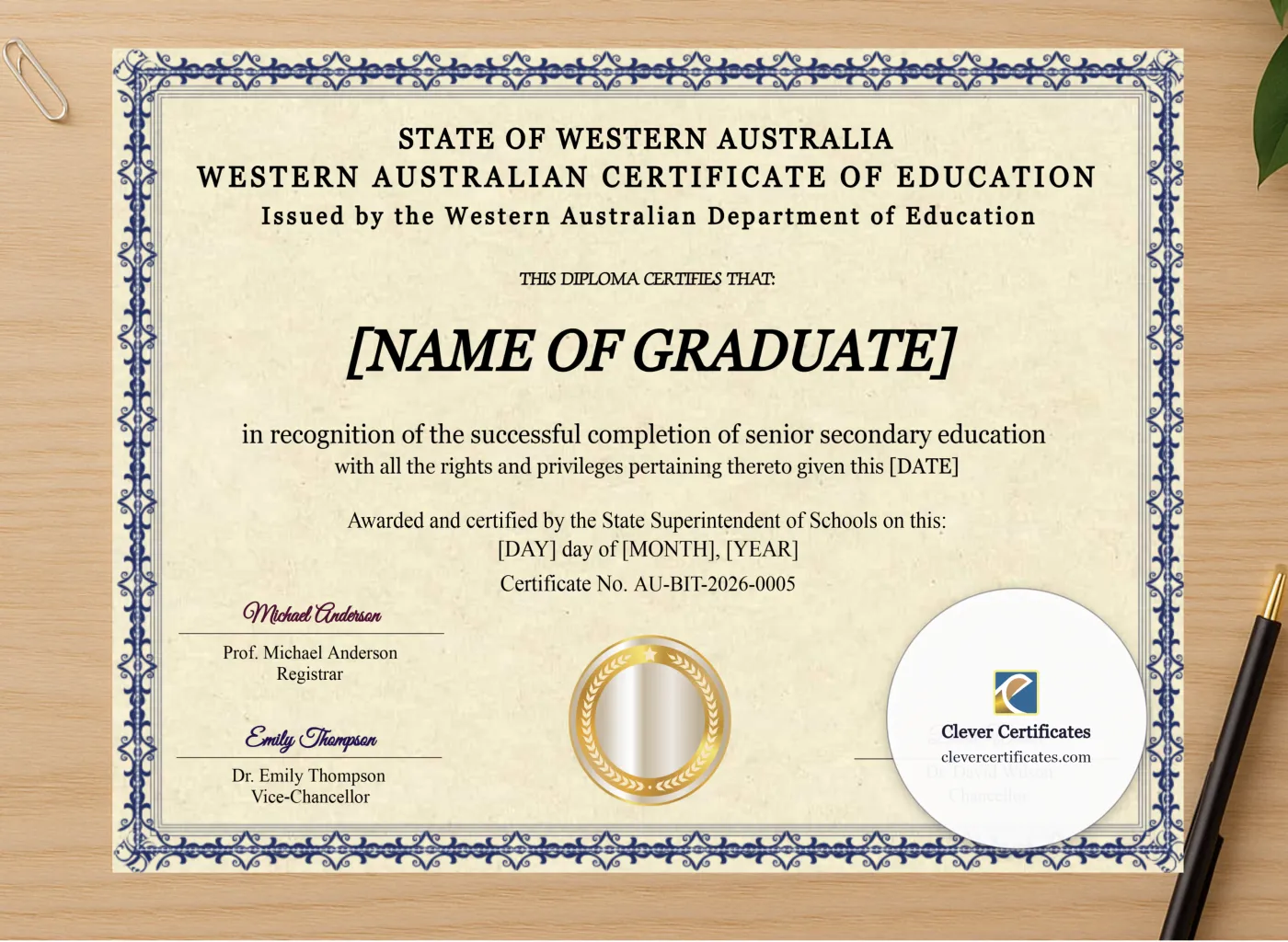 Professional preview of Western Australia Certificate Of Education certificate on high-quality stationery paper, ideal for showcasing the final look.
