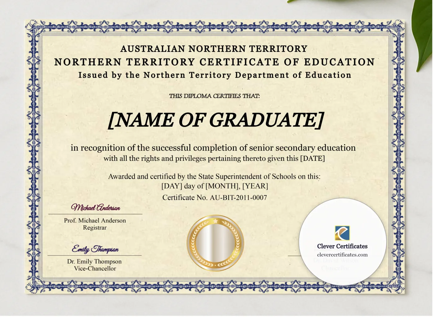 Northern Territory Certificate Of Education presented in a sleek wooden frame, elegantly arranged on a stylish table.