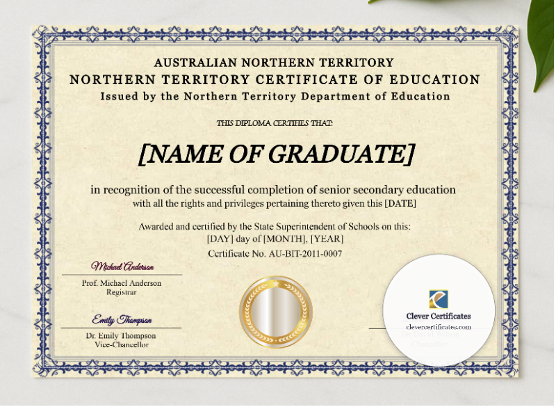 Northern Territory Certificate Of Education presented in a sleek wooden frame, elegantly arranged on a stylish table.