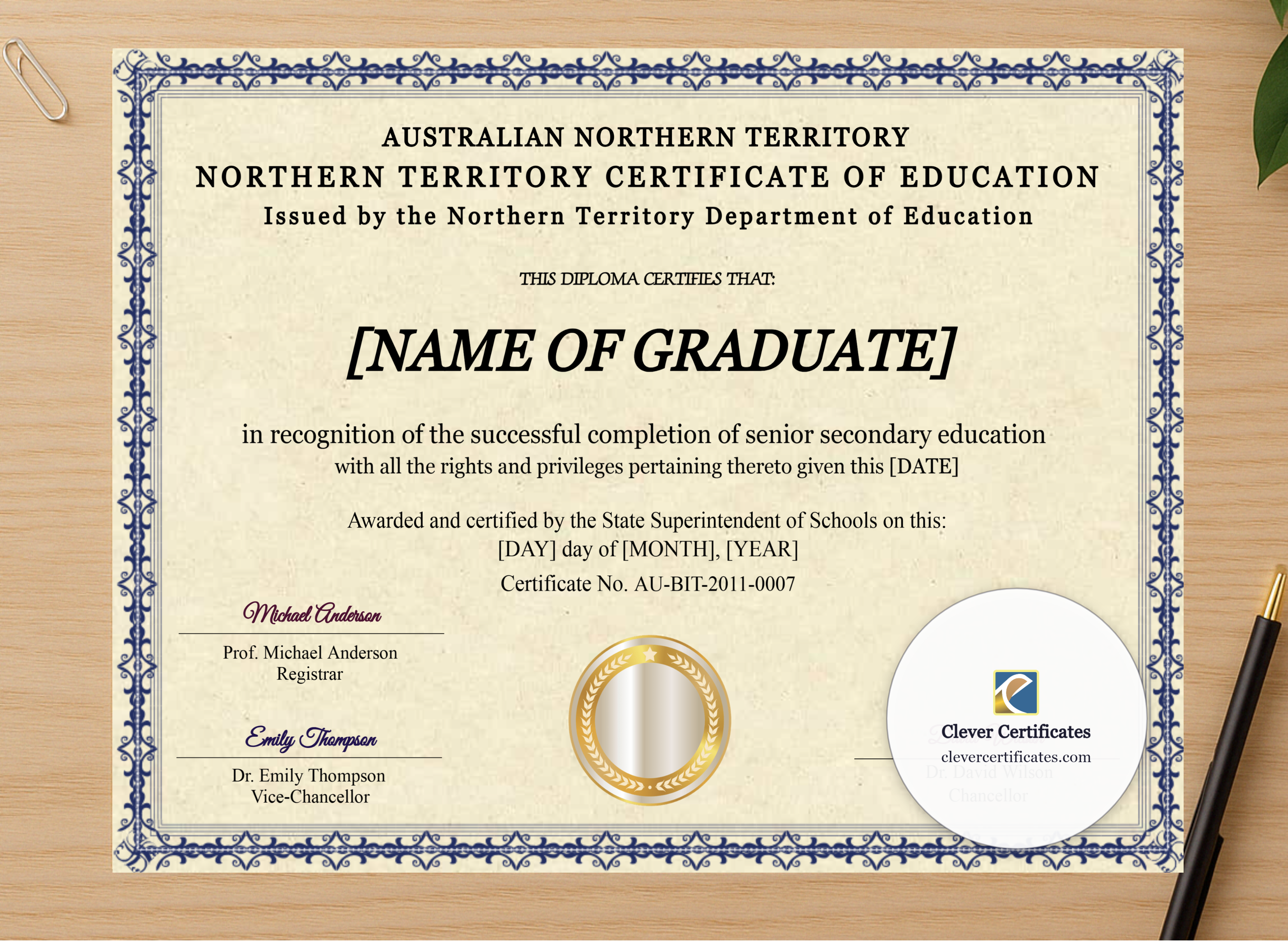 Professional preview of Northern Territory Certificate Of Education certificate on high-quality stationery paper, ideal for showcasing the final look.