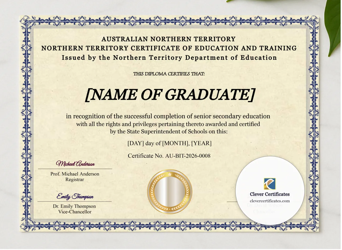 Northern Territory Certificate Of Education And Training presented in a sleek wooden frame, elegantly arranged on a stylish table.