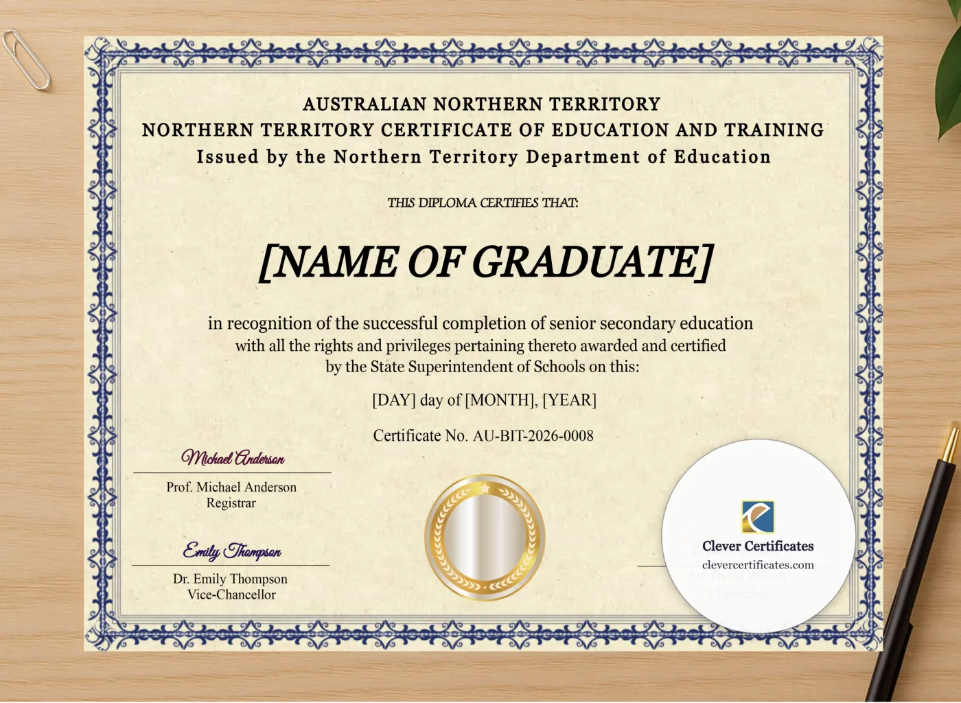 Professional preview of Northern Territory Certificate Of Education And Training certificate on high-quality stationery paper, ideal for showcasing the final look.