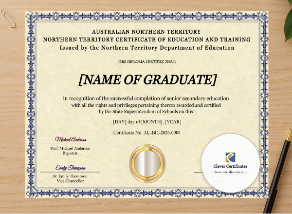 Professional preview of Northern Territory Certificate Of Education And Training certificate on high-quality stationery paper, ideal for showcasing the final look.