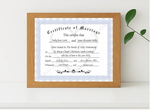 Realistic mockup featuring Certificate Of Marriage displayed within a modern frame, set against a minimalistic background.