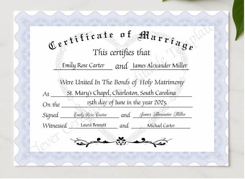 Certificate Of Marriage presented in a sleek wooden frame, elegantly arranged on a stylish table.