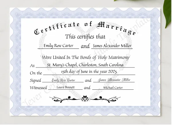 Certificate Of Marriage presented in a sleek wooden frame, elegantly arranged on a stylish table.