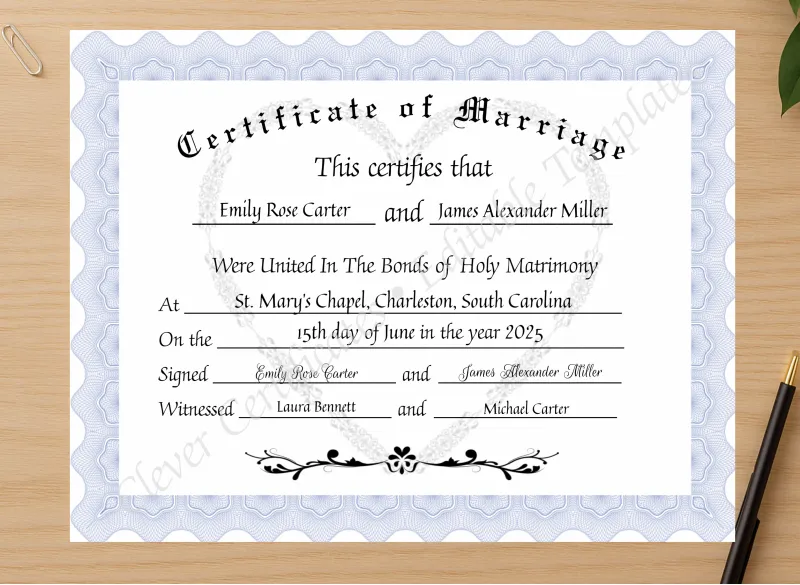 Professional preview of Certificate Of Marriage certificate on high-quality stationery paper, ideal for showcasing the final look.