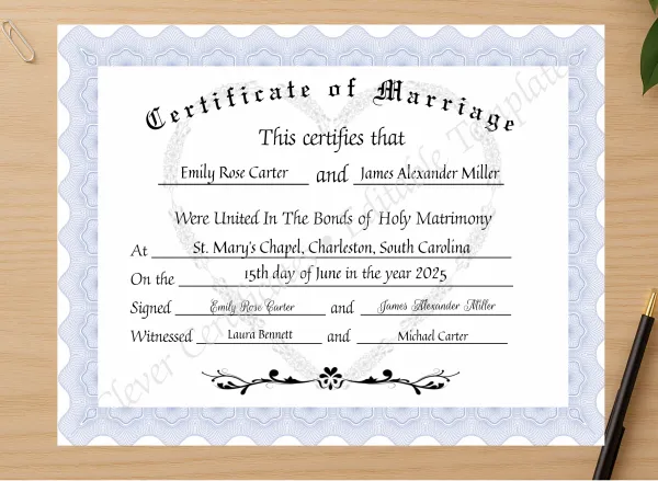 Professional preview of Certificate Of Marriage certificate on high-quality stationery paper, ideal for showcasing the final look.