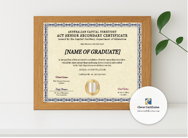 Realistic mockup featuring Australian Capital Territory Senior Secondary Certificate displayed within a modern frame, set against a minimalistic background.