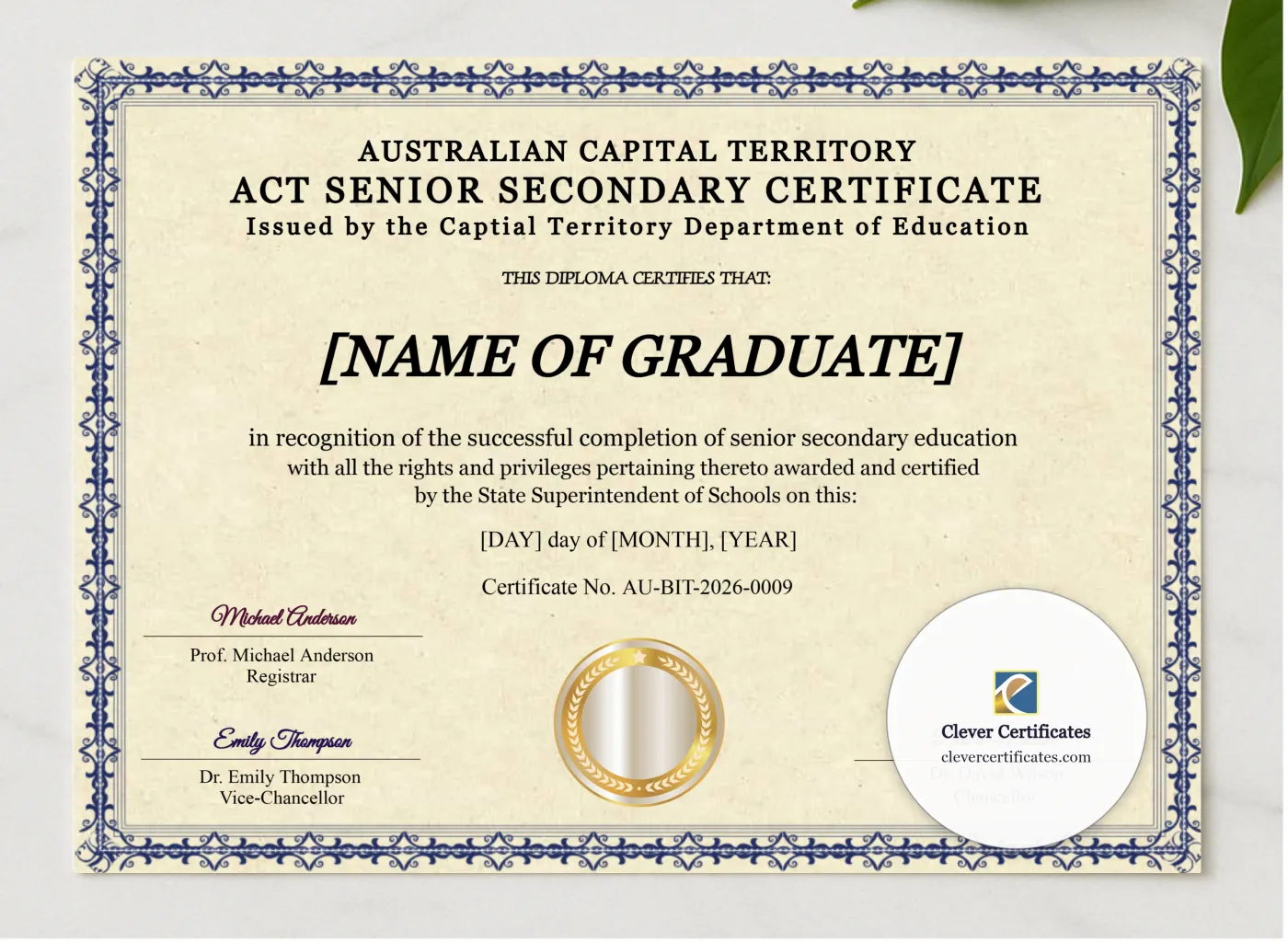 Australian Capital Territory Senior Secondary Certificate presented in a sleek wooden frame, elegantly arranged on a stylish table.