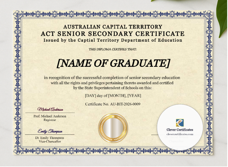 Australian Capital Territory Senior Secondary Certificate presented in a sleek wooden frame, elegantly arranged on a stylish table.