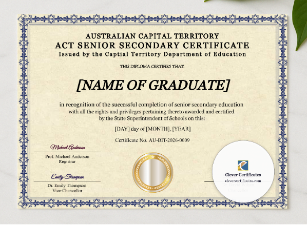 Australian Capital Territory Senior Secondary Certificate presented in a sleek wooden frame, elegantly arranged on a stylish table.