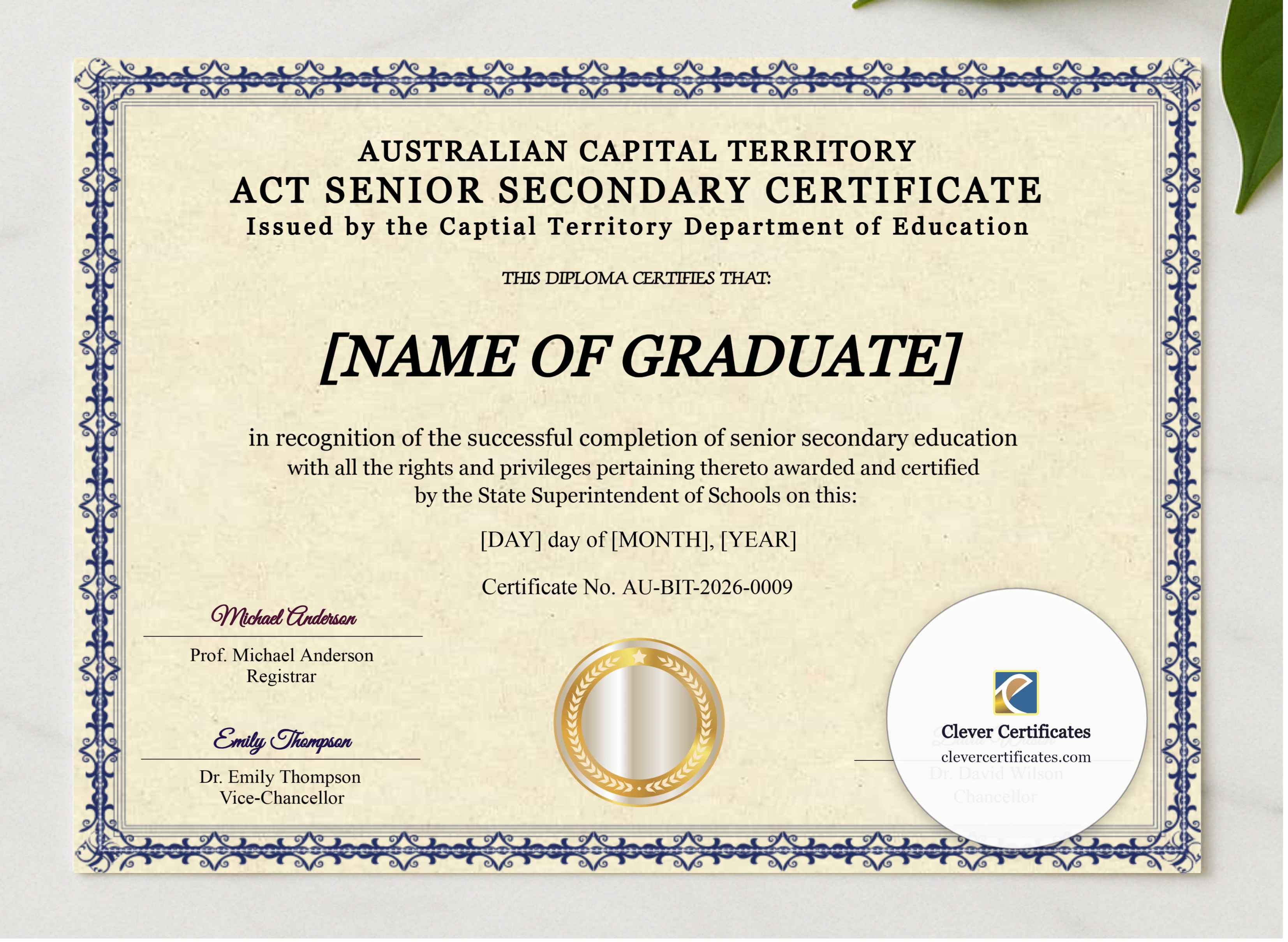 Australian Capital Territory Senior Secondary Certificate presented in a sleek wooden frame, elegantly arranged on a stylish table.