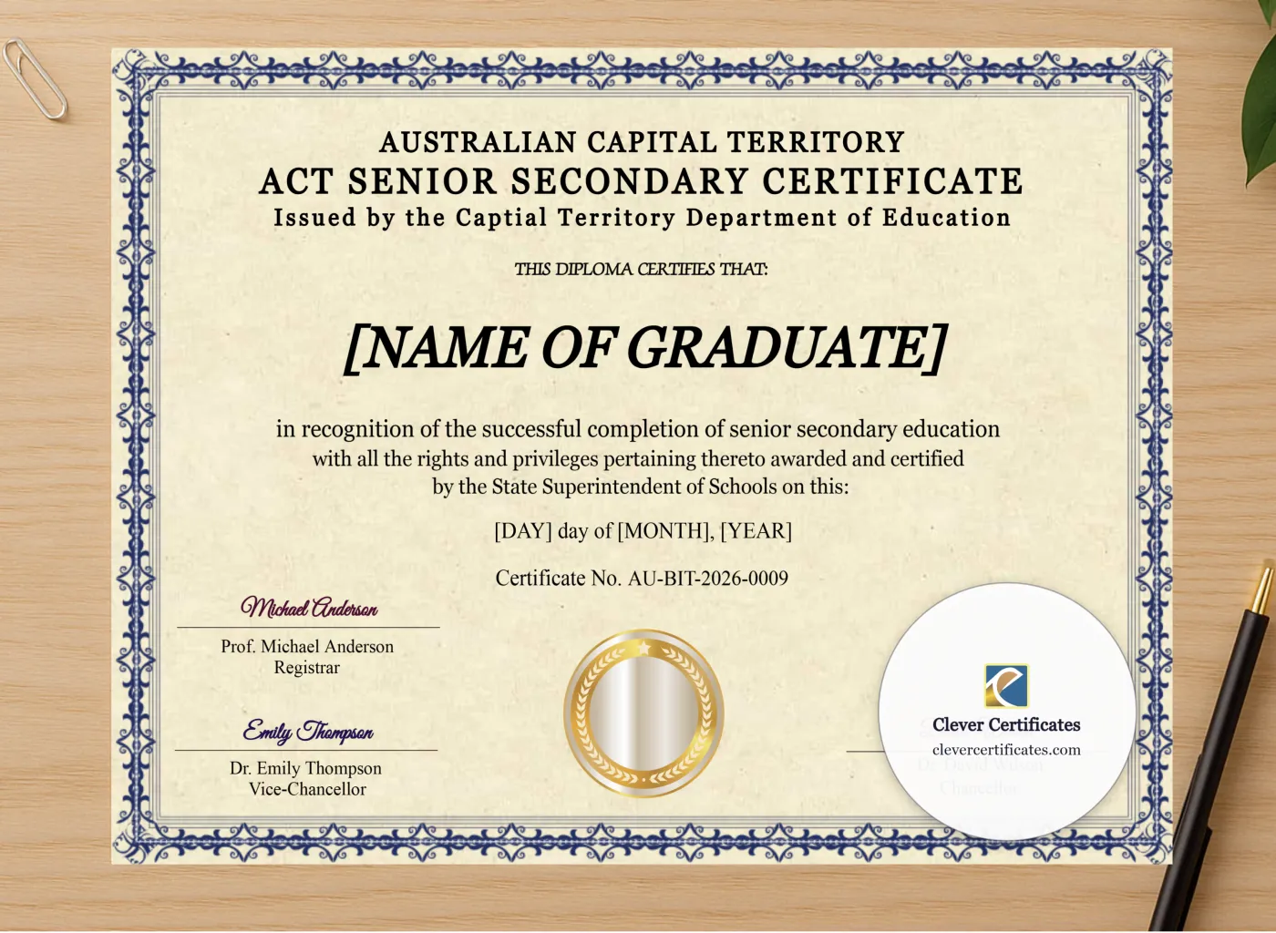 Professional preview of Australian Capital Territory Senior Secondary Certificate certificate on high-quality stationery paper, ideal for showcasing the final look.