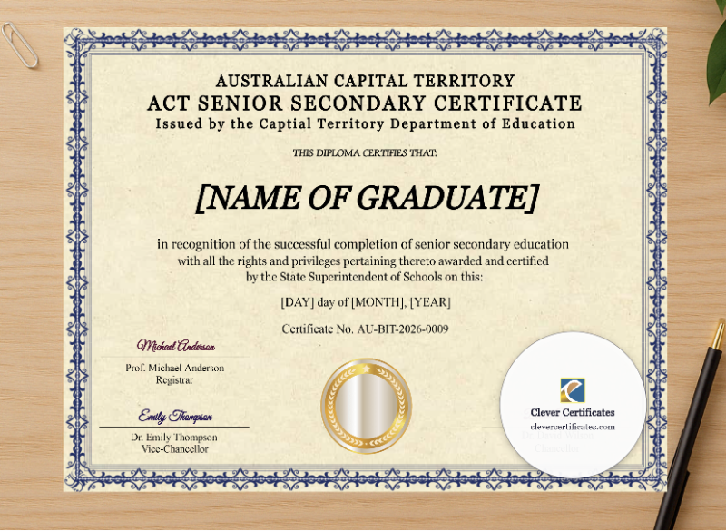 Professional preview of Australian Capital Territory Senior Secondary Certificate certificate on high-quality stationery paper, ideal for showcasing the final look.