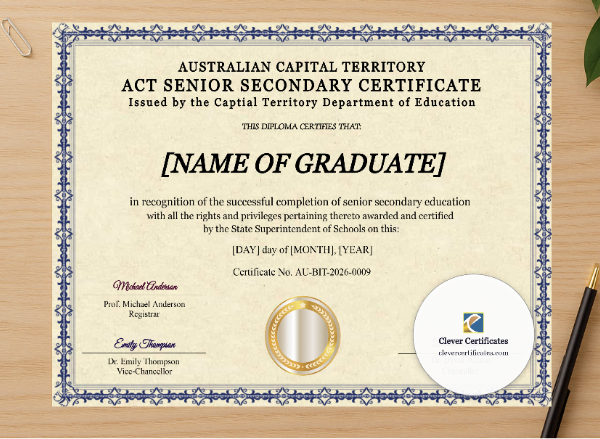 Professional preview of Australian Capital Territory Senior Secondary Certificate certificate on high-quality stationery paper, ideal for showcasing the final look.