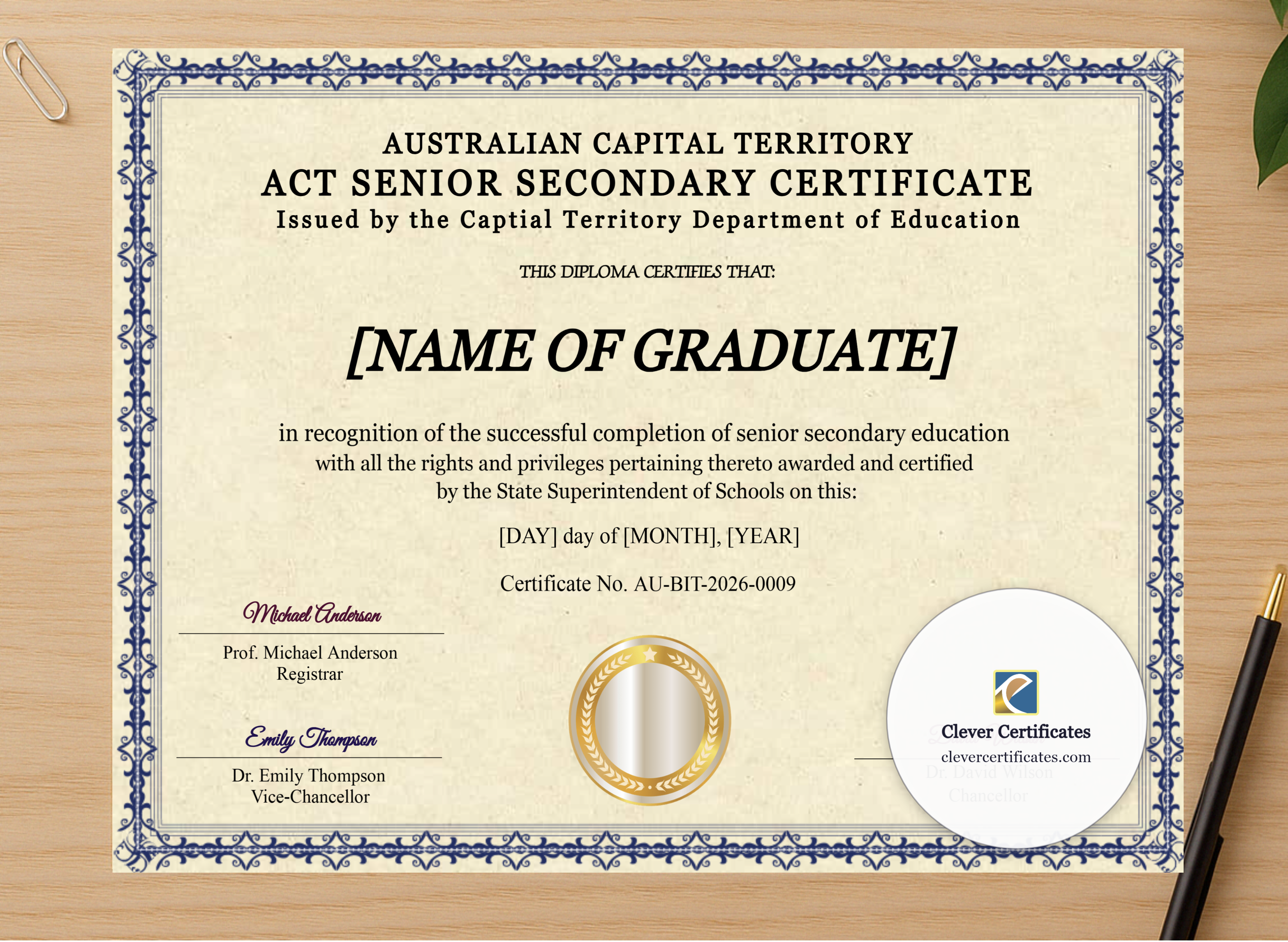 Professional preview of Australian Capital Territory Senior Secondary Certificate certificate on high-quality stationery paper, ideal for showcasing the final look.