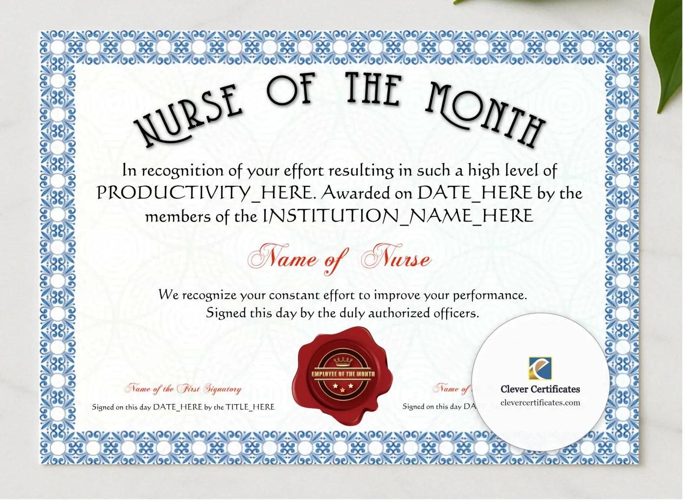 Nurse Appreciation Certificate presented in a sleek wooden frame, elegantly arranged on a stylish table.