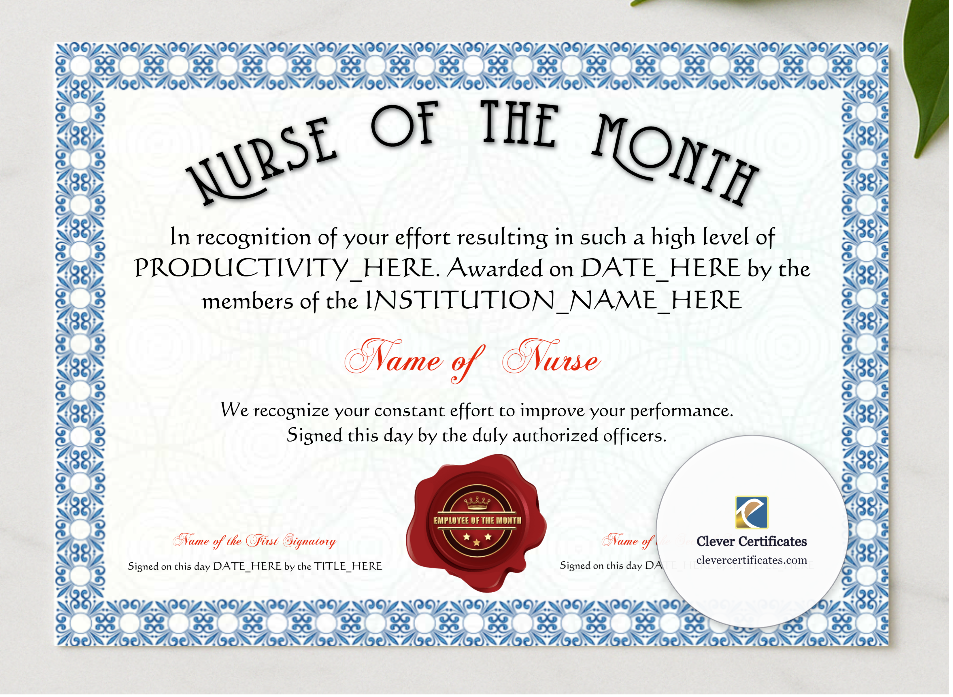 Nurse Appreciation Certificate presented in a sleek wooden frame, elegantly arranged on a stylish table.