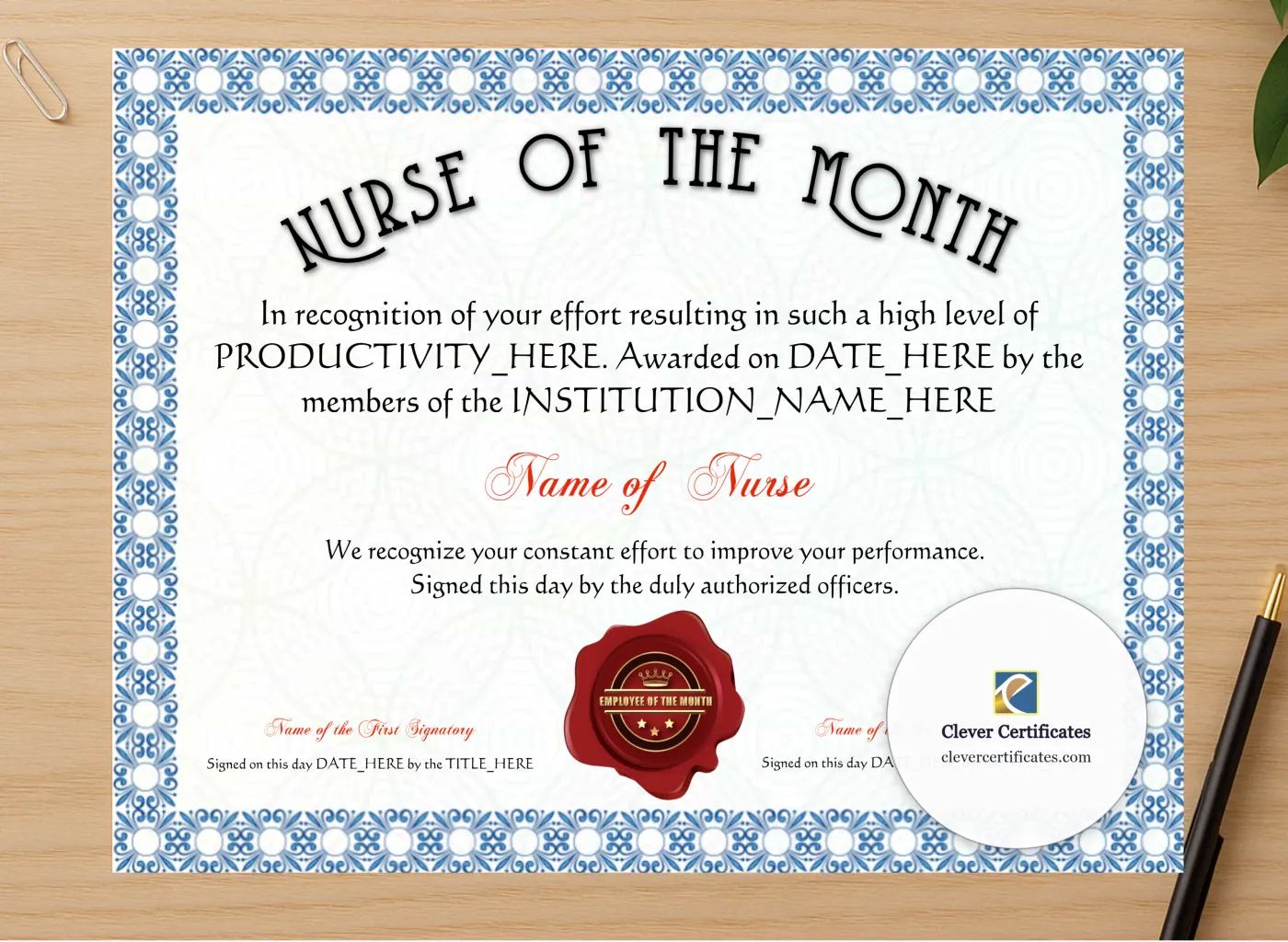 Professional preview of Nurse Appreciation Certificate certificate on high-quality stationery paper, ideal for showcasing the final look.