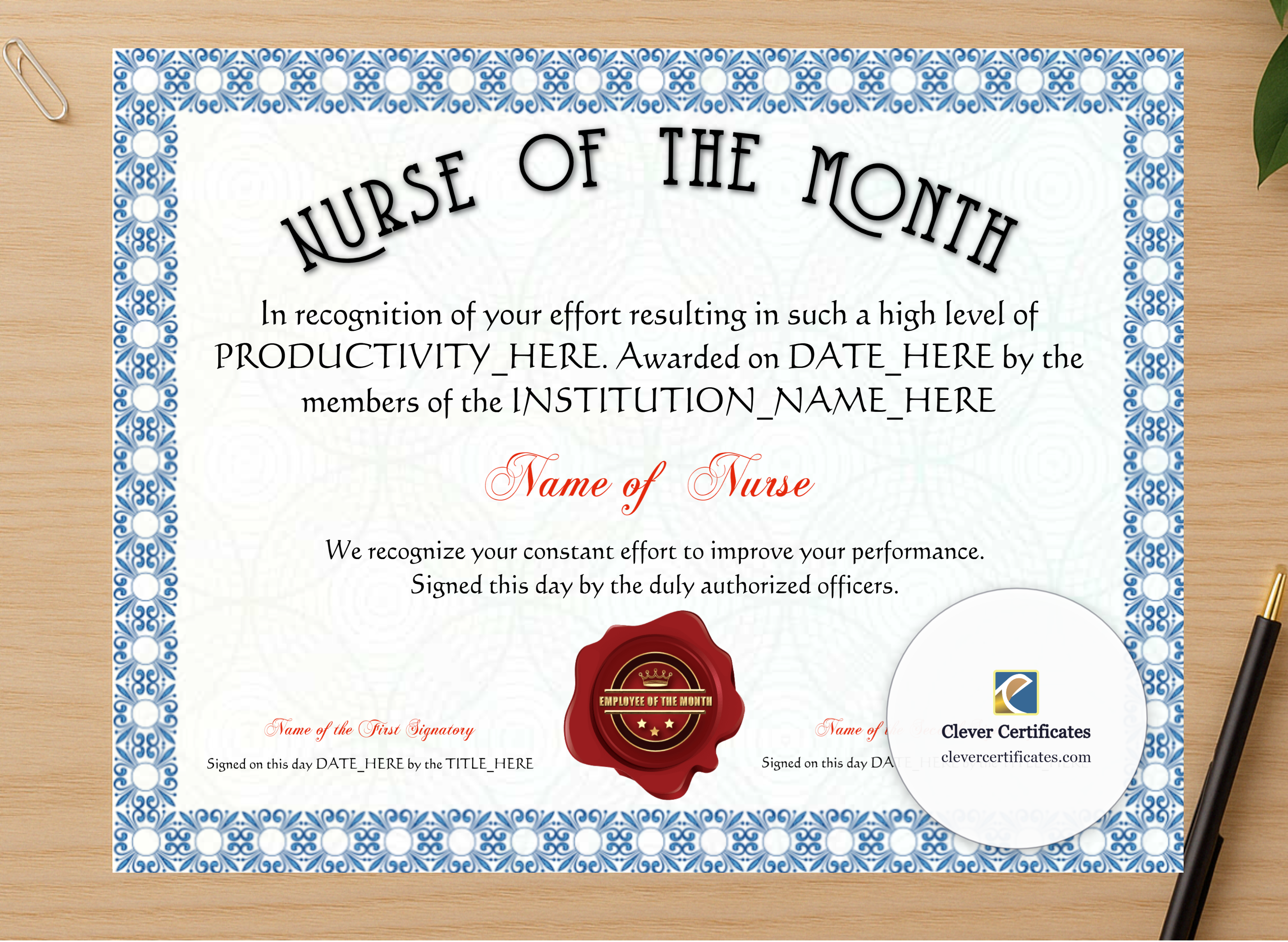 Professional preview of Nurse Appreciation Certificate certificate on high-quality stationery paper, ideal for showcasing the final look.