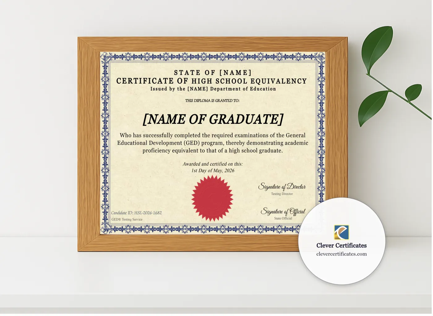 Realistic mockup featuring Certificate Of High School Equivalency displayed within a modern frame, set against a minimalistic background.