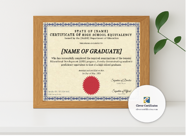 Realistic mockup featuring Certificate Of High School Equivalency displayed within a modern frame, set against a minimalistic background.