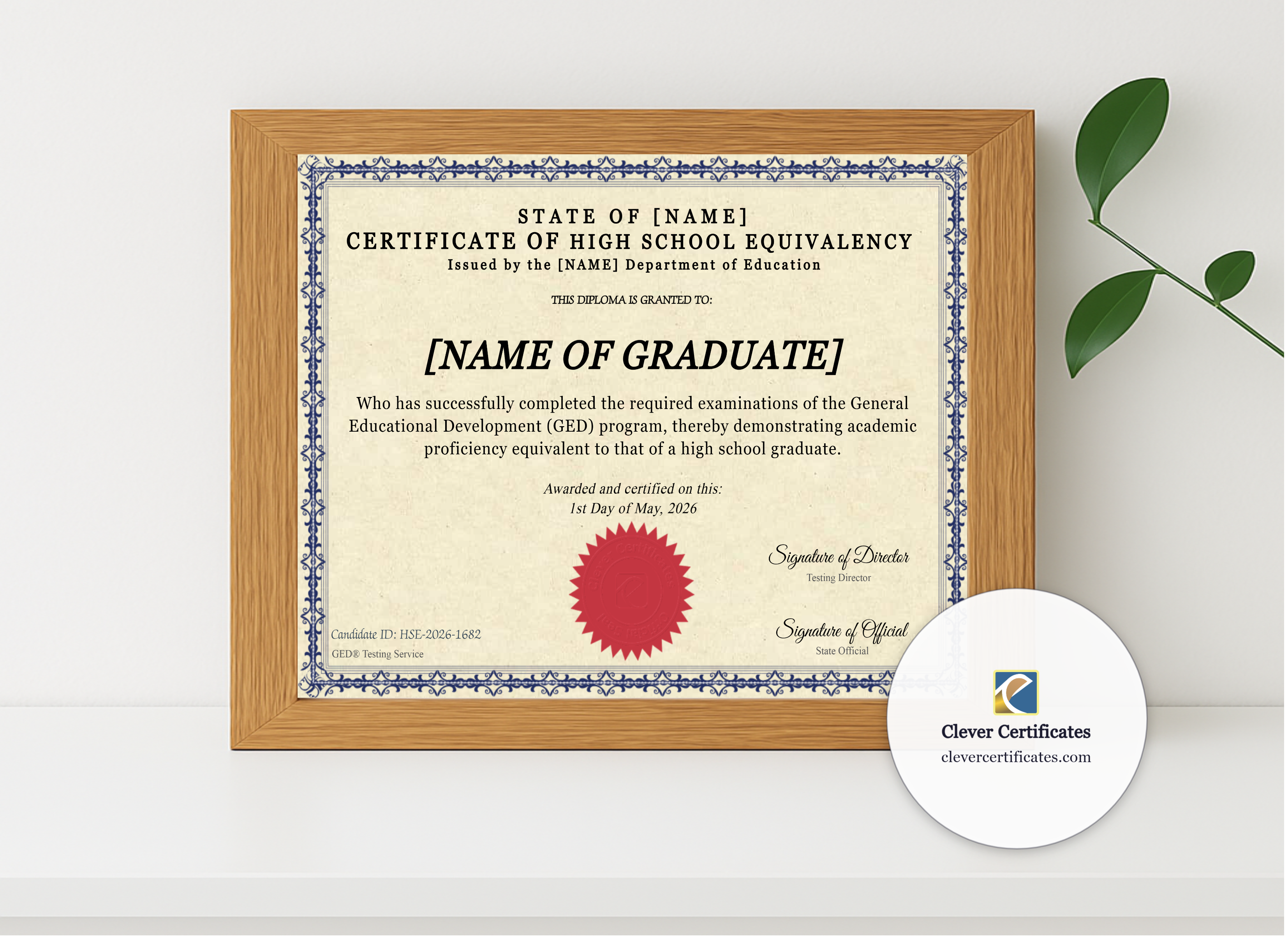Realistic mockup featuring Certificate Of High School Equivalency displayed within a modern frame, set against a minimalistic background.