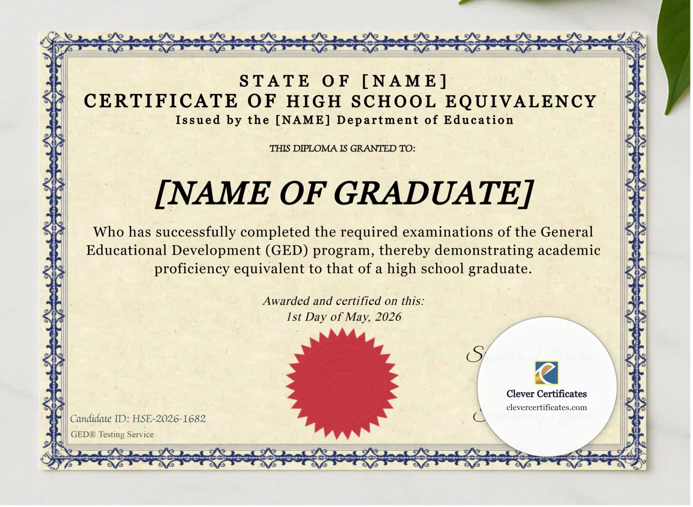 Certificate Of High School Equivalency presented in a sleek wooden frame, elegantly arranged on a stylish table.
