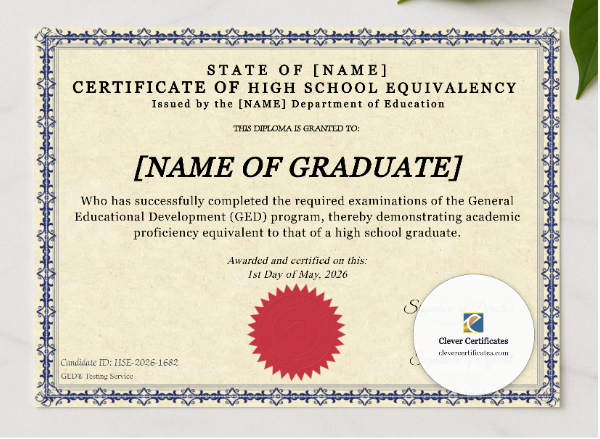 Certificate Of High School Equivalency presented in a sleek wooden frame, elegantly arranged on a stylish table.