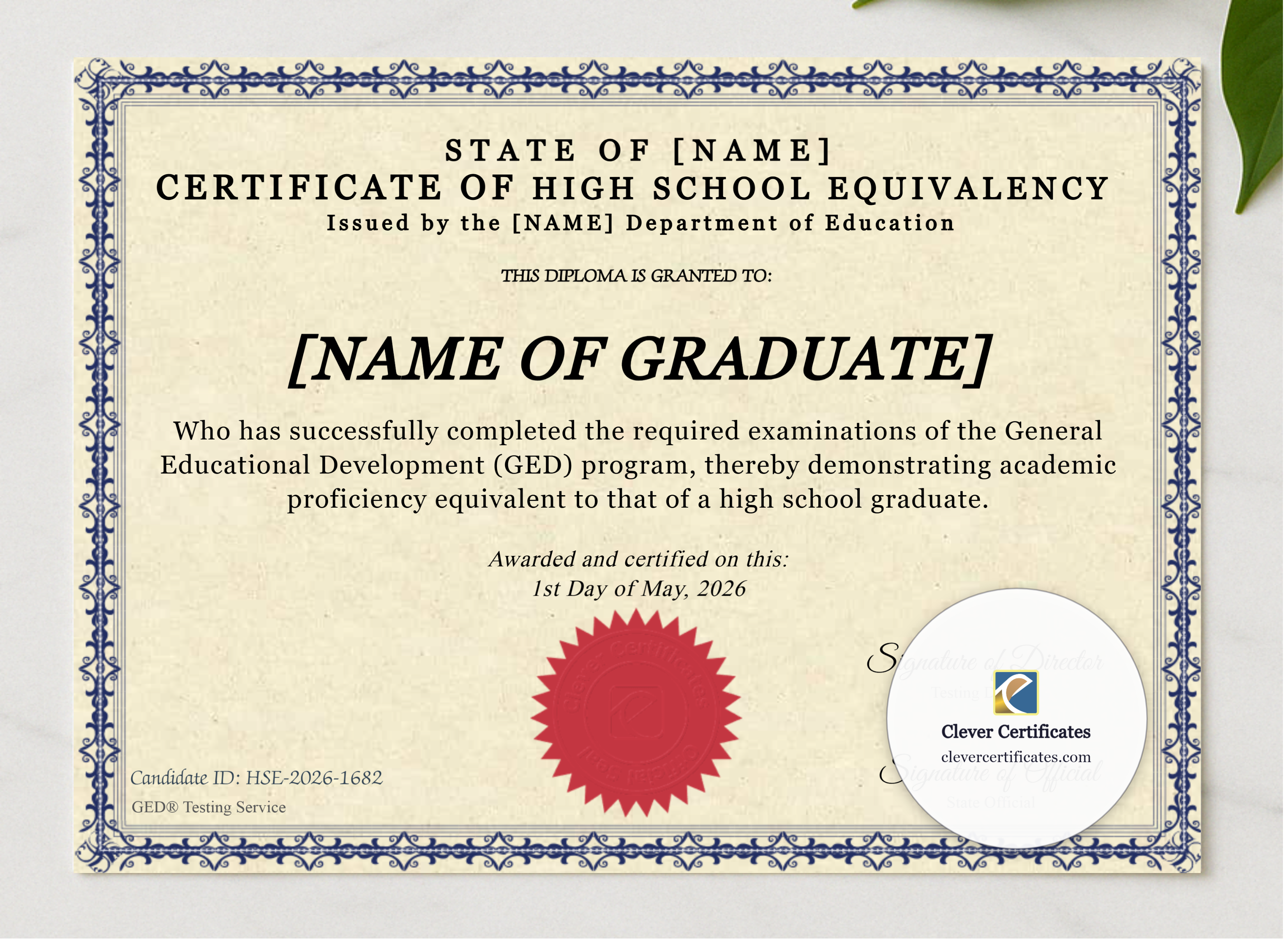Certificate Of High School Equivalency presented in a sleek wooden frame, elegantly arranged on a stylish table.